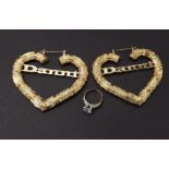 Pair of large 9ct heart design hollow earrings, 20.9gm; 90mm; also a 9ct stone set ring, 5.4gm (3)