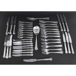 Cohr Danish silver part canteen of cutlery comprising twelve knives and forks, eight dessert