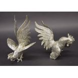 Pair of silver plated cast models of two cockerels, 7.25" high (2)