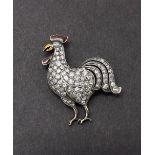 Novelty gold brooch modelled as a diamond set and red enamelled cockerel, 4.7gm, 32mm high