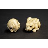 Japanese ivory okimono of a crouching rabbit, signed, 2" long; also a netsuke of a mouse crouched in