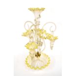 Victorian vaseline glass epergne, with pinch trail decoration stained yellow to the rims. 21" high
