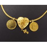 22ct necklet with two half sovereign pendants, 72.3gm