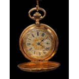 18k hunter pocket watch, the silvered and foliate 40mm gilt dial with Roman numerals and