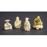 Three miniature Japanese ivory okimono of gentlemen, Meiji period, 1.5" high approx; also a