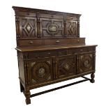 Good Maple & Co large oak inlaid sideboard, the triple panelled back with mother of pearl stylised