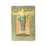 Arts & Crafts style small rectangular pottery relief plaque, modelled as a figure tied to a tree