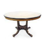 Fine Victorian amboyna and ebony banded oval centre table, supported upon four tapering fluted