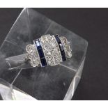 Art Deco platinum, diamond and sapphire set ring, 18mm x 12mm, ring size I