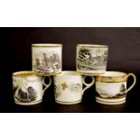 English porcelain coffee cans - five bat printed cans depicting various scenes, and subjects,