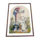 Victorian needlework of two dogs and a parrot on a perch, with flowers and trees nearby, framed