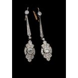 Pair of Art Deco style platinum diamond and onyx set drop earrings, centre stones 1.10ct approx,