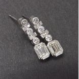 Pair of platinum and diamond set drop earrings, drop 20mm
