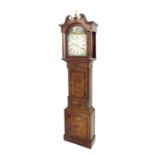 Oak and mahogany crossbanded thirty hour longcase clock, the 13" painted dial with raised chapter