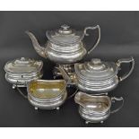 George III silver five piece tea and coffee service, of oval boat shape form with gadrooned