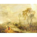 Circle of Samuel David Collkett (19th century) - River landscape with a lady on a path, cattle and