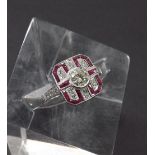 Attractive ruby and diamond 18ct white gold cluster ring in the Art Deco manner, 0.7ct approx,