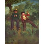 John Henderson (1860-1924) - Boys fishing beside a stream, signed with a monogram and dated 1879,