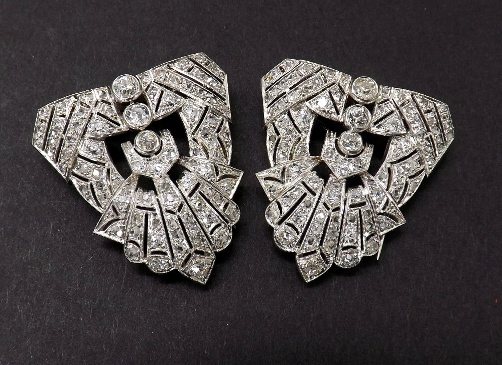 Pair of Art Deco platinum and diamond set clips, 32mm high