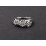 White gold diamond three cluster ring, round brilliant-cuts, 2.6gm, ring size L