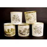 English porcelain coffee cans - five assorted cans with bat printed decoration, early 19th