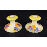 Pair of Clarice Cliff 'Autumn Crocus' Bizarre candlesticks, 3.5" high (2)