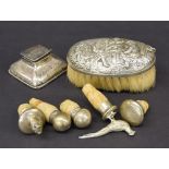 Dutch silver backed oval hand brush, repousse with an exterior tavern scene, 6" x 4"; square