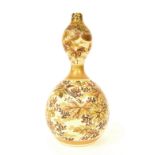 Japanese Satsuma earthenware double gourd vase, finely enamelled and gilded with birds amidst