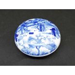 Chinese blue and white porcelain circular box and cover, decorated with figures in a landscape,