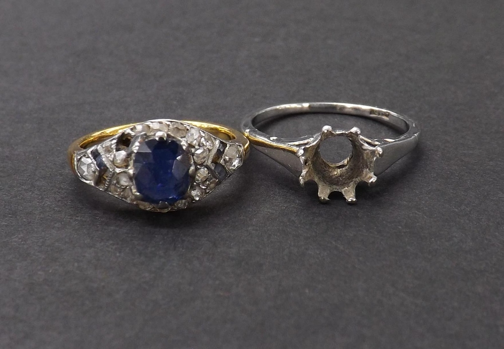 Attractive 18ct sapphire and diamond dress ring, 3gm, ring size H; together with an 18ct white