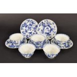 Set of five Chinese blue and white porcelain tea cups and saucers, decorated traditionally with