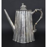 Victorian silver coffee pot of tapering fluted form with engraved foliate decoration, the hinged