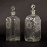 Matched pair of Georgian square glass decanters and stoppers, with oval cut decoration and etched