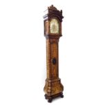 Good Dutch Amsterdam walnut marquetry eight day longcase clock, the 12" brass arched dial signed