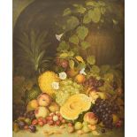 English School (19th century) - Still life of fruit, consisting of a pineapple, melon, peaches,