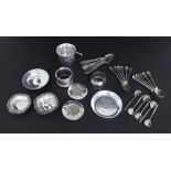 Mixed lot of assorted silver and bijouterie to include two Continental enamelled dishes, christening