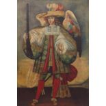 Cuzcos School - Winged figure of a man, wearing an elaborate embroidered costume with red stockings,