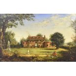 English School (19th century) - Country house and garden with a chair and books in the foreground