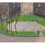 John Allin (1934-1991) - play area near a high rise, figures playing football with other people