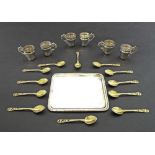 Set of six French white metal tots and tray, stamped Minerva Mark, maker AB & Cie, the tray 5.75"