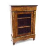 Victorian burr walnut inlaid pier display cabinet, with a single glazed door enclosing a velvet