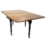 Victorian mahogany drop leaf gateleg dining table, the moulded top on turned legs terminating on