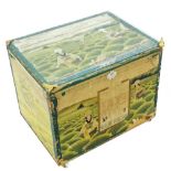 Decorative Japanese tea chest, metal lined with protective glass top and on castors, 19" high, 23"