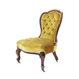 Victorian spoon back chair, the upholstered button back and stuffover seat with scrolling detail