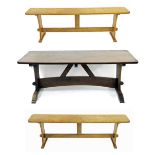 Solid large oak refectory dining table, with a stretcher base, 30" x 78"; together with a pair of