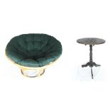 Large bamboo Papasan chair, with green button cushion; together with an old ebonised tripod