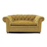 Victorian two seater Chesterfield sofa in gold upholstery, 68" wide, 36" deep, 29" high