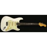 1961 Fender Stratocaster electric guitar, made in USA, ser. no. 6xxx1, Olympic white refinish,
