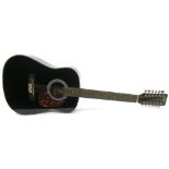 Hondo H124B-12 twelve string acoustic guitar, made in Korea, black finish with various