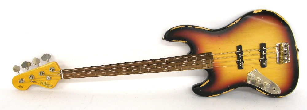 Perry Bamonte - Vintage Icon Series VJ74 left-handed fretless bass guitar, relic sunburst finish,